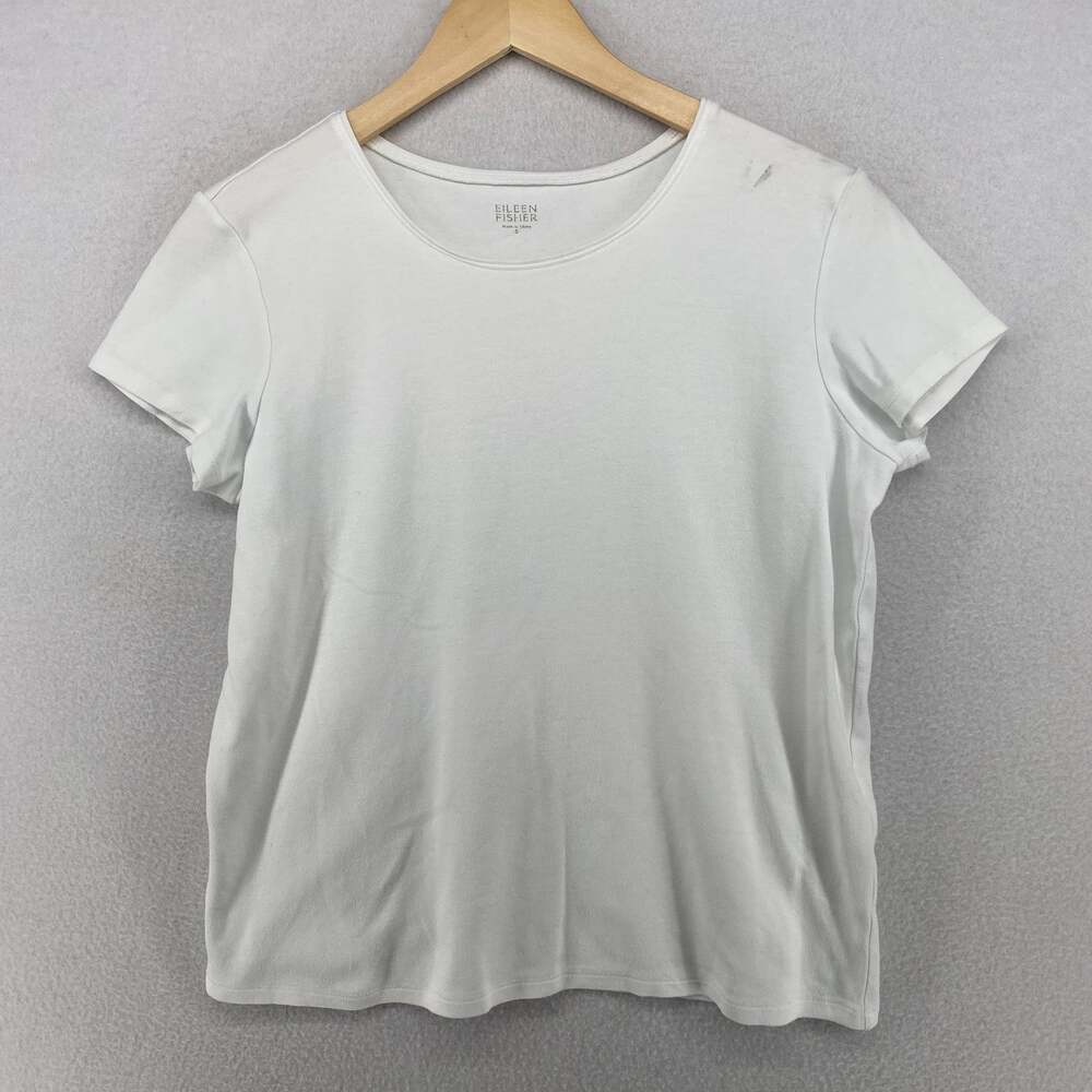 EILEEN FISHER Top S 100% Cotton Interlock Jersey Crew Neck Short Sleeve White